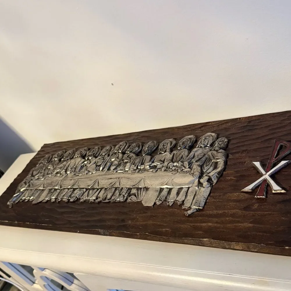 Vintage Last Supper Wood Carved Wall Art Panel Christian Chi Rho Decor